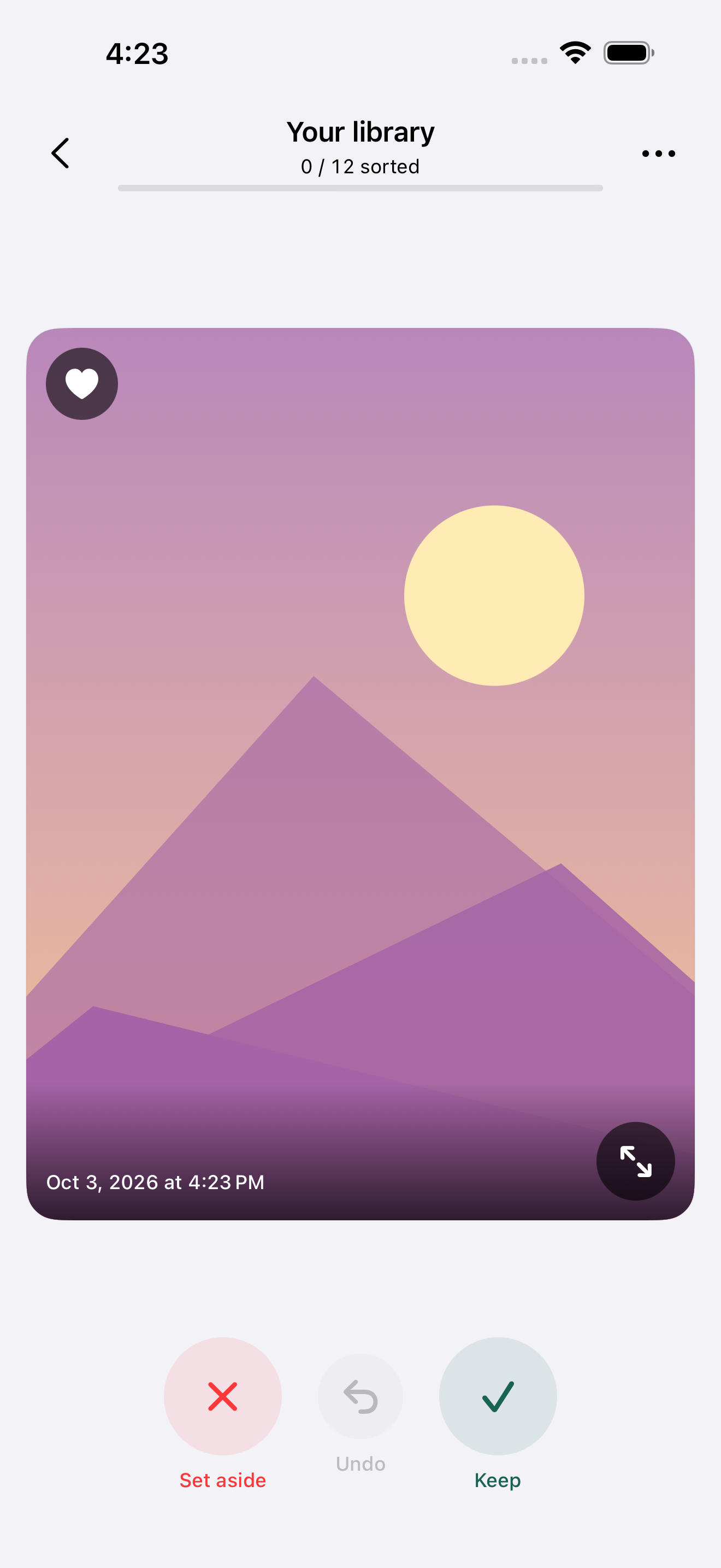 KeepとSet asideで写真を仕分ける画面